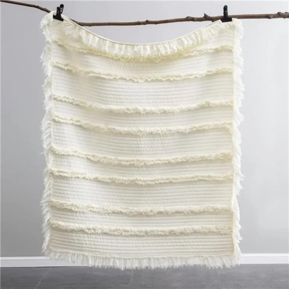 NEW West Elm Boho White Quilted Ruffle Knit Throw Blanket Bedding - 60